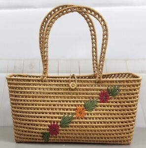 Vintage-Inspired Boho Preppy Handwoven Rattan Tote Bag with Floral Accents Tan